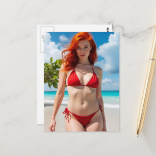 Mooie vrouw in een rode bikini briefkaart