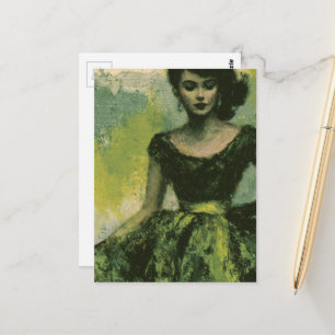 Mooie vrouw in groene jurk uit de jaren 50 briefkaart
