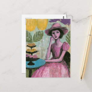 Mooie vrouw in roze bij de Cupcake Tafel Briefkaart