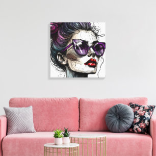 Mooie vrouw in zonnebril en paarse lippenstift canvas afdruk