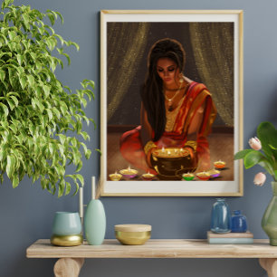 Mooie Vrouw Indische Digitale Kunst Portret Saree Poster