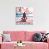 Mooie vrouw mediteren op strand blanco canvas afdruk (Insitu (Woonkamer))