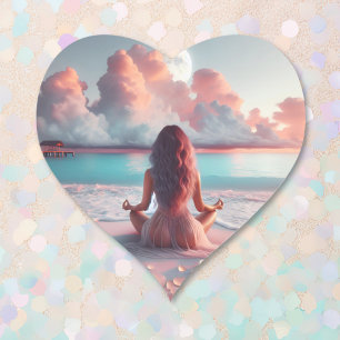 Mooie vrouw mediteren op strand blanco hart sticker