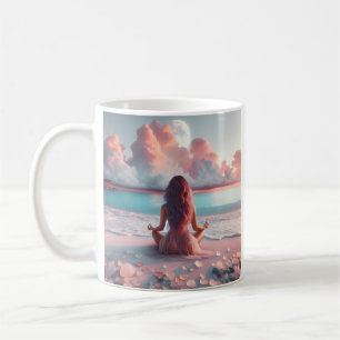 Mooie vrouw mediteren op strand blanco koffiemok