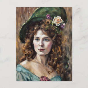 Mooie vrouw met bloemenhoed pastel kunst tekening briefkaart