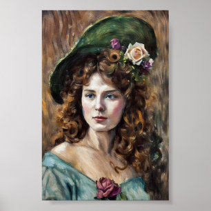 Mooie vrouw met bloemenhoed pastel kunst tekening poster
