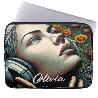 Mooie Vrouw met Hoofdtelefoon in Zonnebloemen Laptop Sleeve