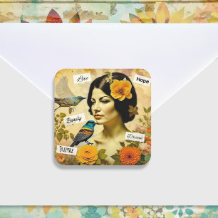 Mooie  Vrouw met Vogels en Bloemen Vierkante Sticker
