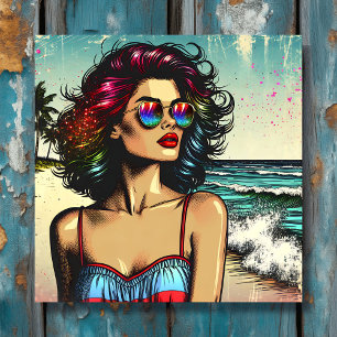 Mooie vrouw op het strand Comic Book Pop Art Canvas Afdruk