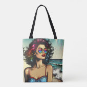 Mooie vrouw op het strand Comic Book Pop Art Draagtas (Achterkant)