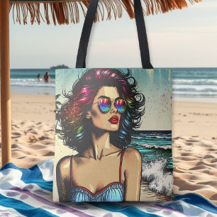 Mooie vrouw op het strand Comic Book Pop Art Draagtas