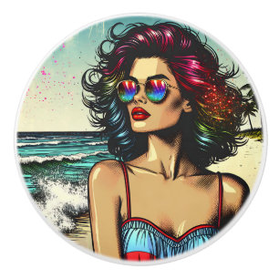 Mooie vrouw op het strand Comic Book Pop Art Keramische Knop