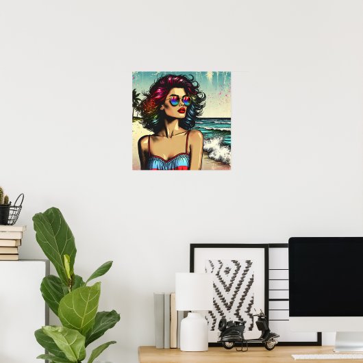 Mooie vrouw op het strand Comic Book Pop Art Poster (Thuiskantoor)
