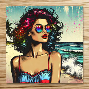 Mooie vrouw op het strand Comic Book Pop Art Poster