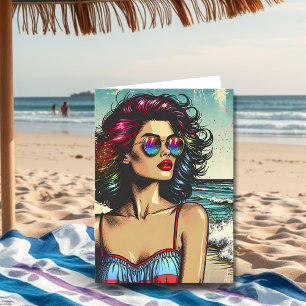 Mooie vrouw op het strand Pop Art Verjaardag Kaart