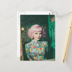 Mooie vrouw Roze haar in de spiegel Briefkaart