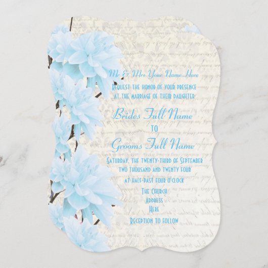 Mooie vrouwelijke bleke pastelblauwe bloemige trou kaart (Voorkant / Achterkant)