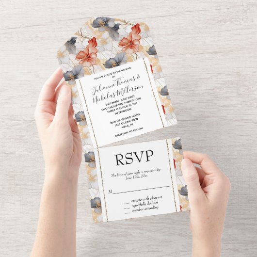 Mooie Vrouwelijke Perzik Blauw en Wit Bloemen All In One Uitnodiging (Afscheurbaar)