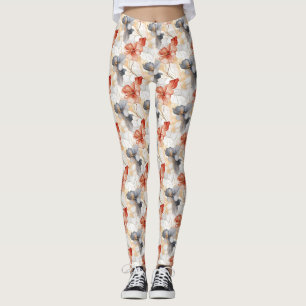 Mooie Vrouwelijke Perzik Blauw en Wit Bloemen Leggings
