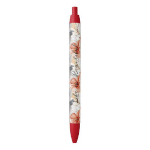 Mooie Vrouwelijke Perzik Blauw en Wit Bloemen Zwarte Inkt Pen