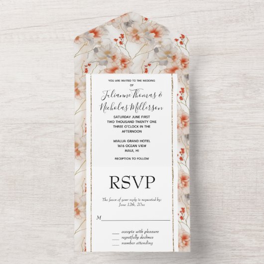 Mooie vrouwelijke perzik rood wit bloemig all in one uitnodiging (Binnen)