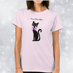Mooie Vrouwelijke Zwarte Kat Groene Ogen Roze Stri T-shirt