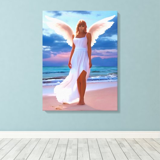 Mooie vrouwen met engelenvleugels op een strand canvas afdruk (Insitu (Houten vloer))