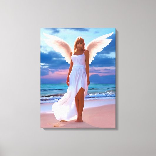 Mooie vrouwen met engelenvleugels op een strand canvas afdruk (Voorkant)
