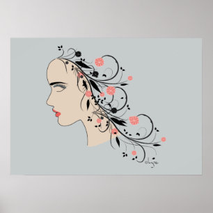 Mooie vrouwenprofiel met bloemen en krullen poster