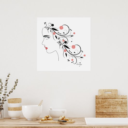 Mooie vrouwenprofiel met bloemen en zirlen poster (Keuken)