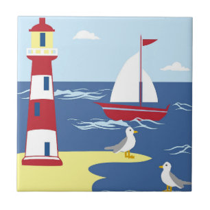 Mooie vuurtoren en boot Zeezijde Kunst Tegeltje
