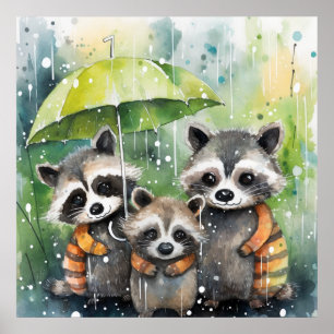 Mooie wasberen in de regen poster