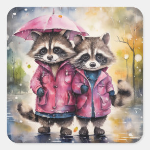 Mooie wasberen in de regen vierkante sticker