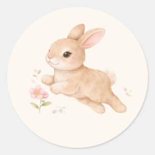 Mooie Waterverf Baby Konijn Roze Bloemen Ronde Sticker