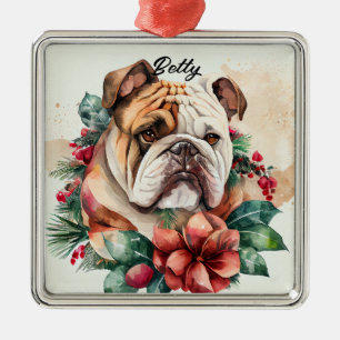 MOOIE WATERVERF BESNEEUWDE BULLDOG GEZICHT METALEN ORNAMENT