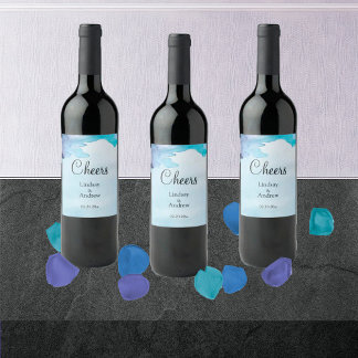 Mooie Waterverf Blauw en Cyaan Wijnlabel Wijn Etiket