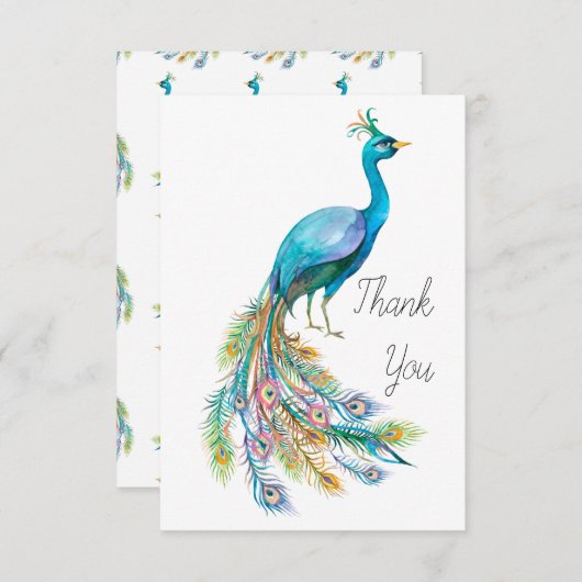 Mooie waterverf blauw pauw illustratie bedankkaart (Voorkant / Achterkant)