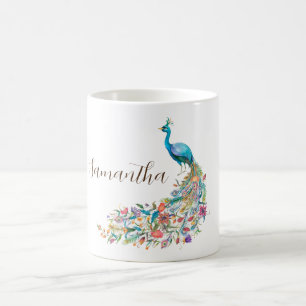 Mooie waterverf blauwe pauw I Koffiemok