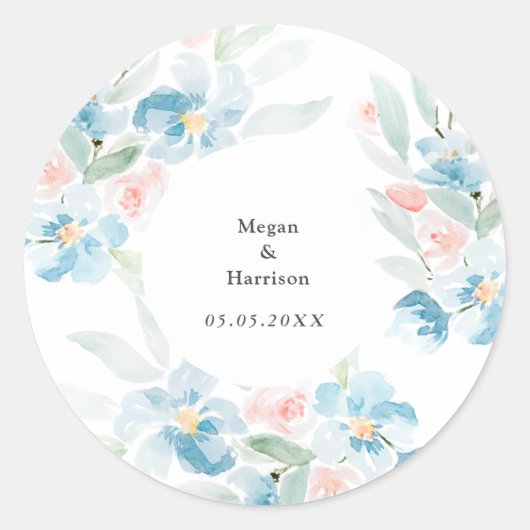 Mooie waterverf bloedige rozen en blauwe bloemen ronde sticker (Voorkant)