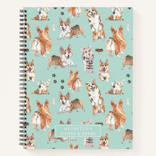 Mooie waterverf Corgi-hondenpatroon-monogram Notitieboek
