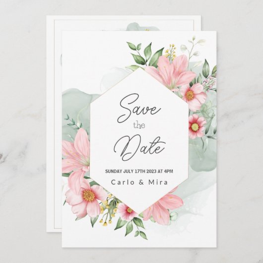 Mooie Waterverf Floral bespaart de datum Save The Date (Voorkant / Achterkant)