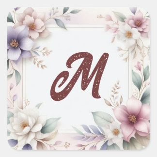 Mooie Waterverf Floral Botanical Monogram Vierkante Sticker