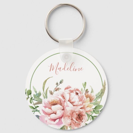Mooie Waterverf Floral Custom Name Sleutelhanger (Voorkant)