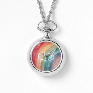 Mooie waterverf gepersonaliseerde regenboog halske horloge