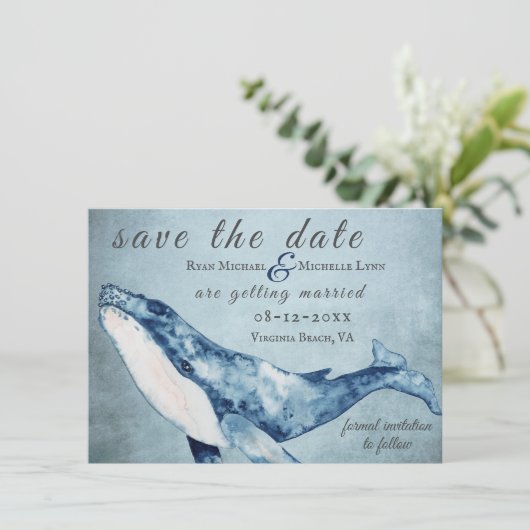 Mooie Waterverf Humpback Whale Beach Weddenschap Save The Date (Staand voorkant)