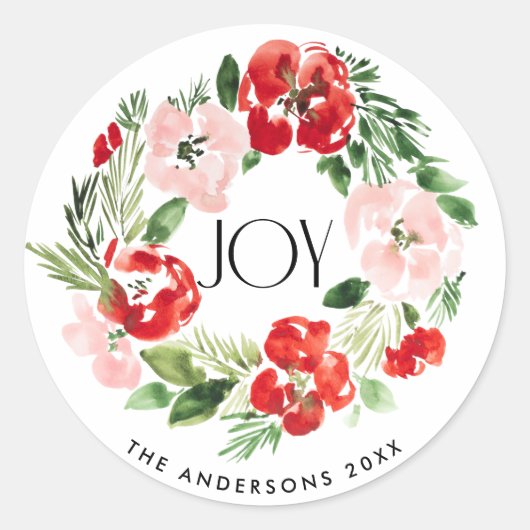 Mooie Waterverf Kerstkrans Joy Ronde Sticker (Voorkant)