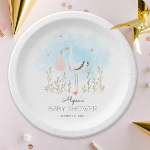 Mooie Waterverf Ooievaar Baby Shower Papieren Bordje