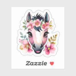 Mooie Waterverf Paard met Roze Bloemen Kroon Stick Sticker