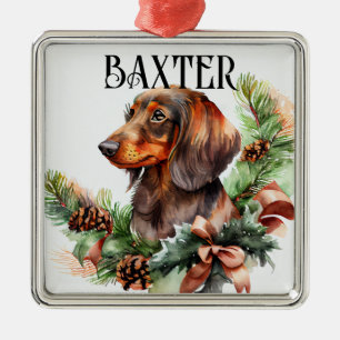 MOOIE WATERVERF RED DACHSHUND DOG METALEN ORNAMENT