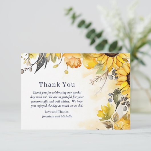 Mooie Waterverf Zonnebloem Bloemen Bruiloft Bedankkaart (Staand voorkant)